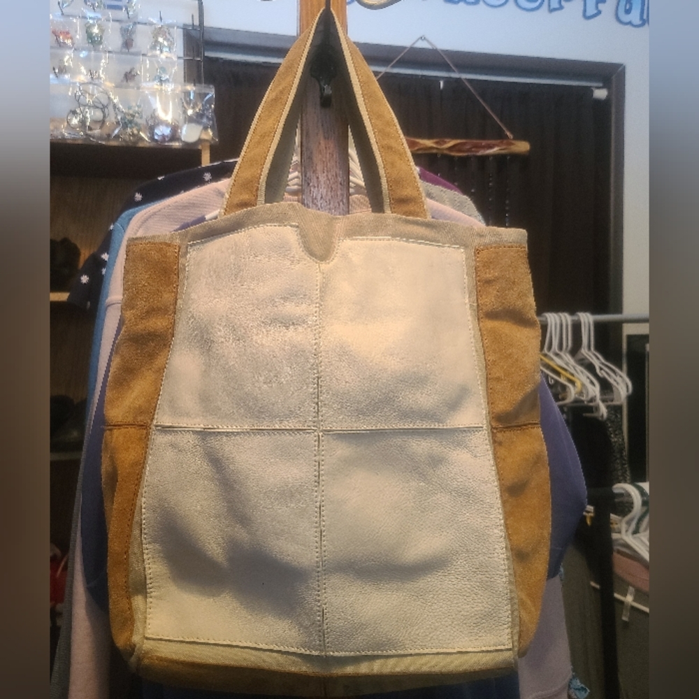 Zara Two-Tone Leather & Suede Tote - Cream & Tan